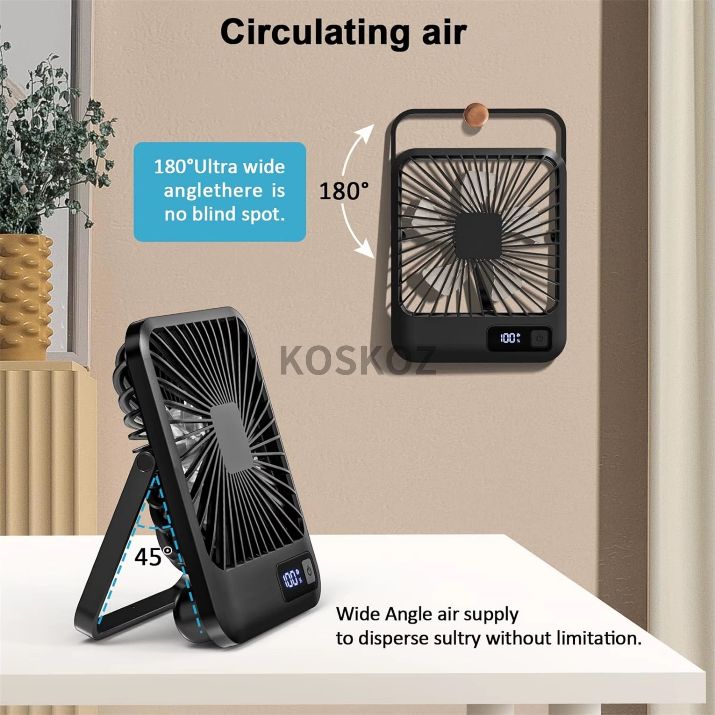 Desk Fan, Portable USB Rechargeable Fan, 180° Tilt Folding Personal Fan with Power Display, 5 Speeds Ultra Quiet Table Fan