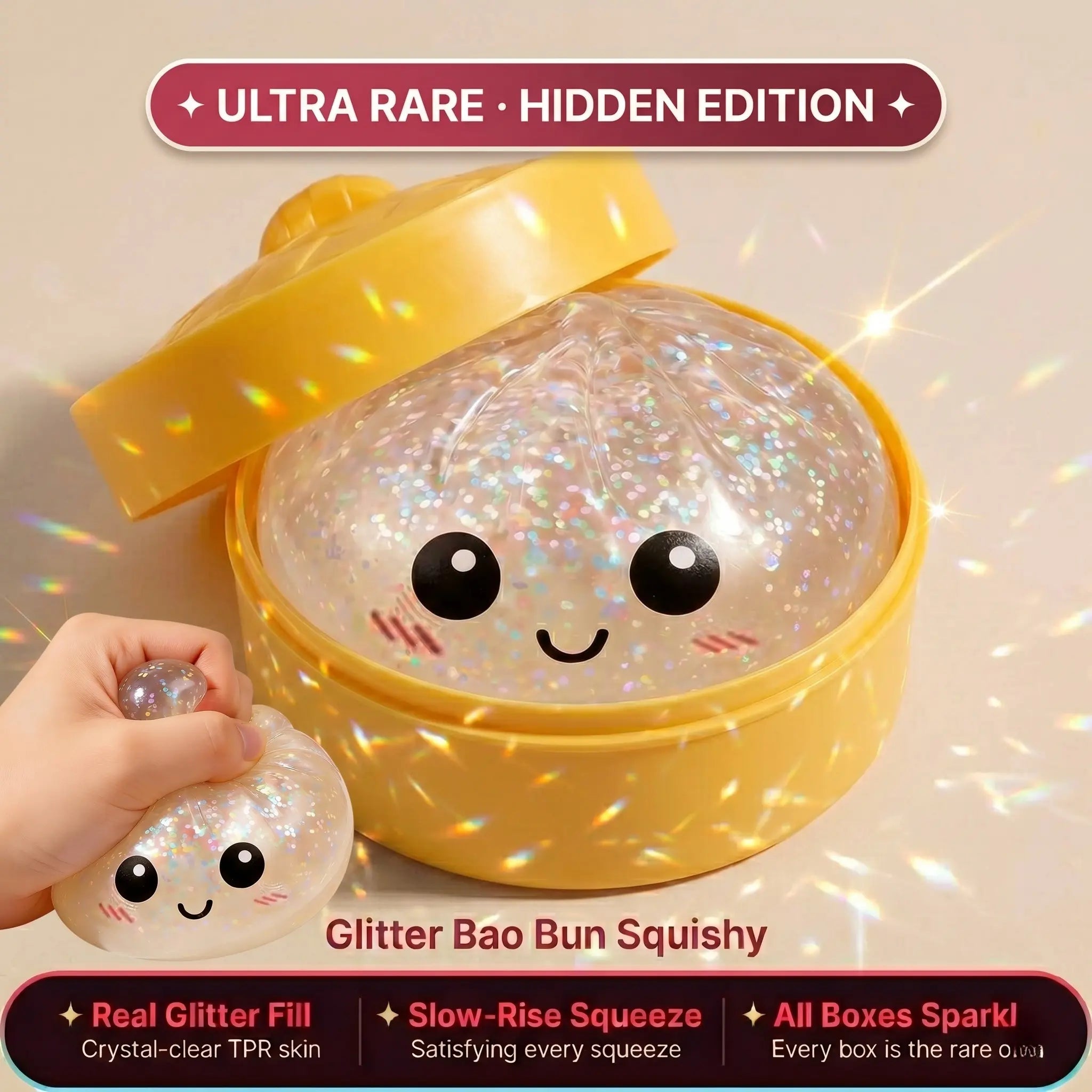 Viral Dumpling Squishy ULTRA RARE Pearl Pink Glitter Hidden Edition | Squishy Dumpling Slow Rise Stress Relief Fidget Toy Soft TPR Squeeze Ball ASMR Sensory Gift Cute Blind Box Squishy Butter Feel Hand Toy Relaxing Squeeze Toy S Food