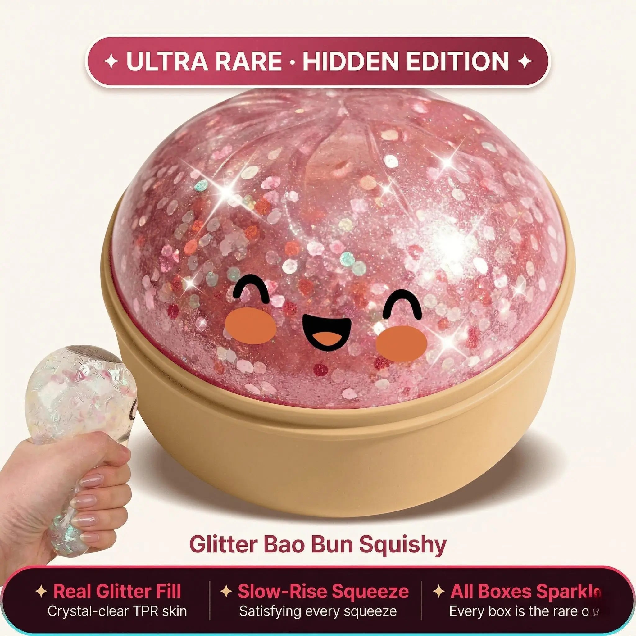 Viral Dumpling Squishy ULTRA RARE Pearl Pink Glitter Hidden Edition | Squishy Dumpling Slow Rise Stress Relief Fidget Toy Soft TPR Squeeze Ball ASMR Sensory Gift Cute Blind Box Squishy Butter Feel Hand Toy Relaxing Squeeze Toy S Food